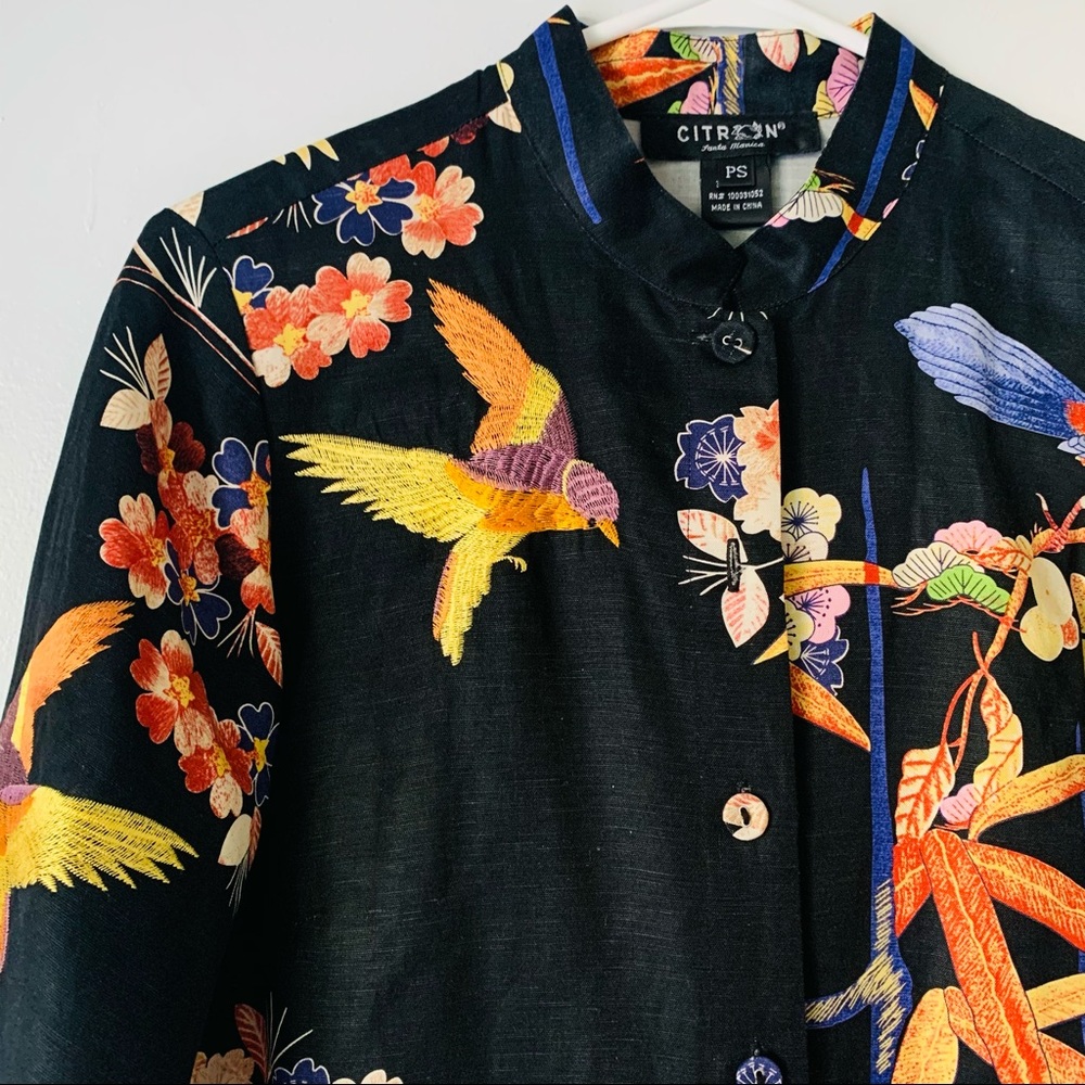 Citron Petite Oriental Bird Embroidered Button Top - Picture 2 of 7